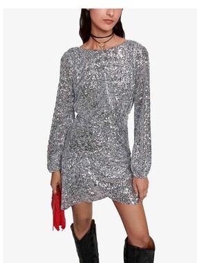 Maje Silver Sequin Long Sleeve Mini Dress